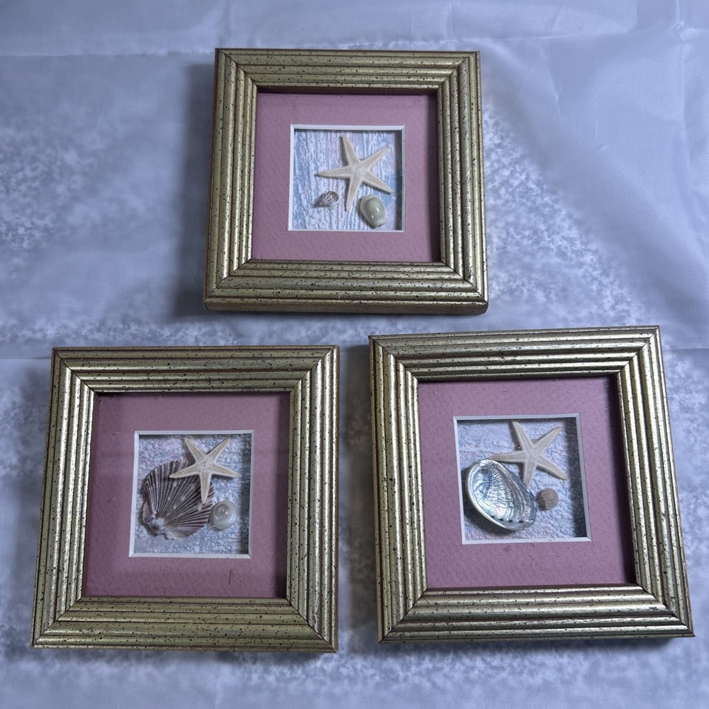 Vintage Gold Framed Mini Art Beach Nautical Wall Hanging Shadowbox 3D Natural